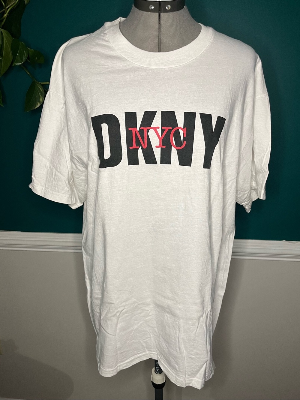 Vintage Dkny White Short Sleeve Tee with Black Logo and Red NYC